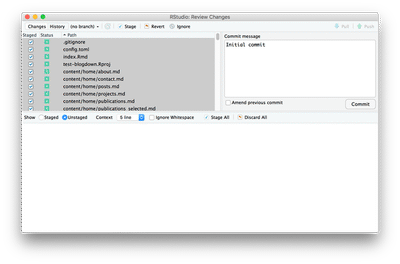 The initial commit brings many files under version control. 