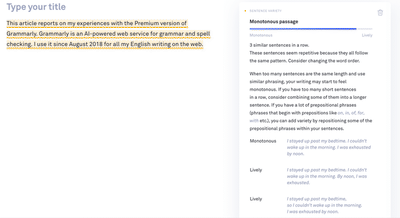 Screenshot of a Grammarly window with alert about a boring text passage