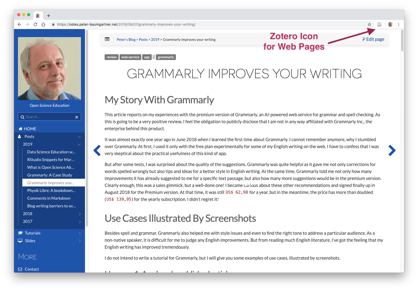 Screenshot of the target web page for embedding bibliographic metadata.