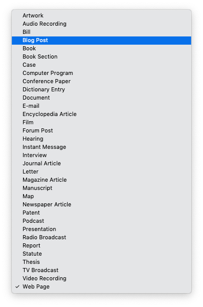 Zotero drop down menu of different types of bibliographic entries.