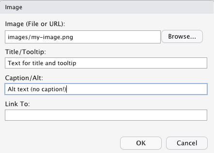 Window for inserting images in .md files with Visual R Markdown window with reduced number of input fields.