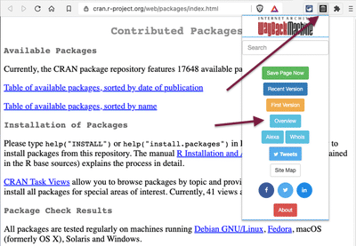 Screenshot displays webpage 'Contributed Packages' of the R-project with opened browser plugin of the Wayback Machine.