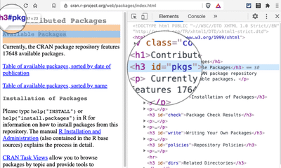 Screenshot of the web page 'Contributed Packages' opened by the code inspector displays CSS selector 'h3#pgks' with a magnifier glass.