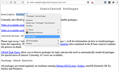 Screenshot displays web page 'Contributed Packages' of the R-project with opened context menue to select the code inspector.