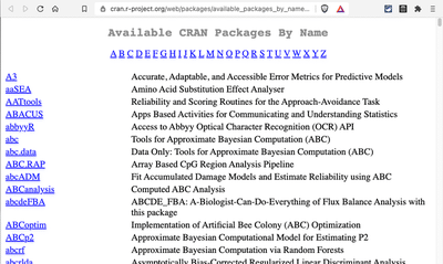 Screenshot displays web page 'Available CRAN Packages By Name'.