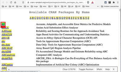 Screenshot of the 'Packages By Name' page with the SelectorGadget activated and selecting the first name,