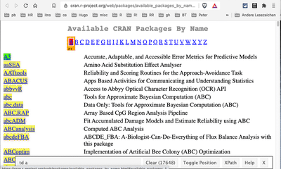 Screenshot of the 'Packages By Name' page with the SelectorGadget activated and selecting the first letter of the alphabet.