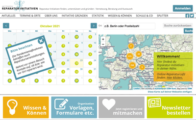 Screenshot of startpage of the reparatur-initiativen network.