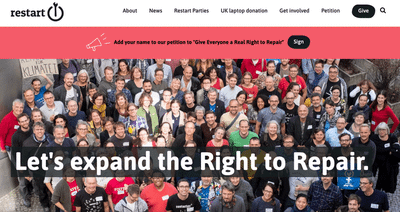 Screenshot of homepage of The Restart Project.